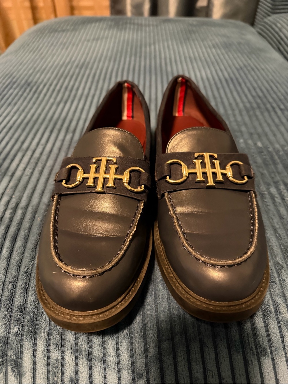 Tommy Hilfiger Navy Leather Loafers with Gold Logo Hardware